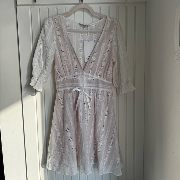 White Eyelet Cotton Coastal Cowgirl Festival Garden Girl Mini Dress Euro Summer - Picture 5 of 11